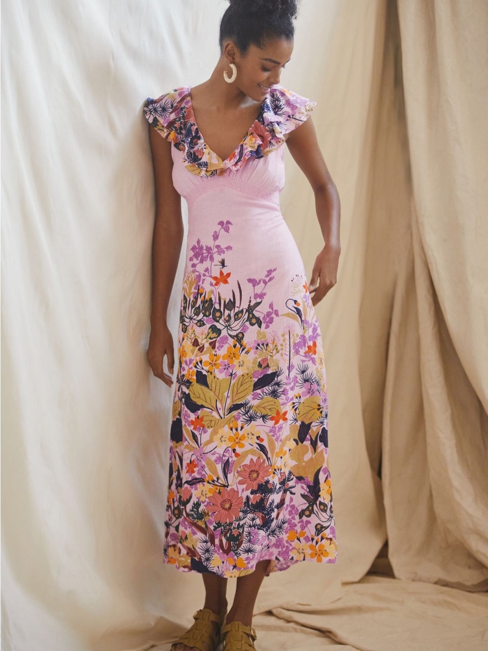 Anthropologie V-neck ruffle midi dress in purple size XL